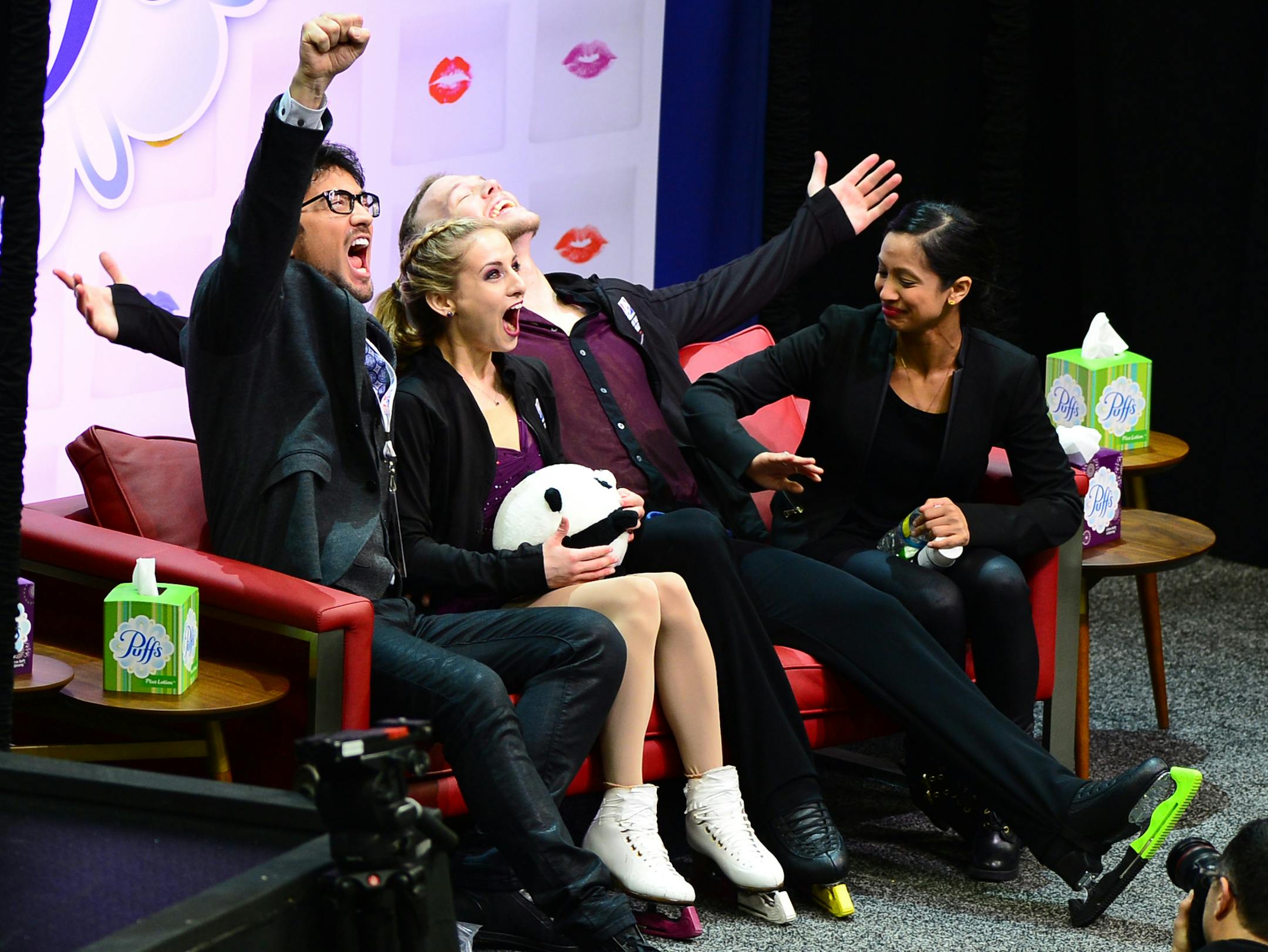 Tarah Kayne and Danny O&#x2019;Shea reacted to their score Thursday at Xcel Energy Center. The two were bronze medalists last year.