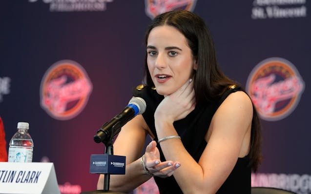 Indiana Fever's Caitlin Clark  talks during a press conference on Wednesday.