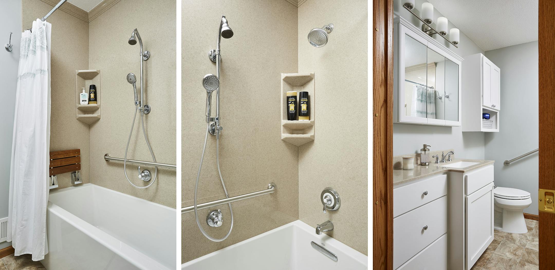The Colebeck family's new bathroom includes a shower with grab bars and a flip-up bench, a comfort-height toilet and lots of storage.