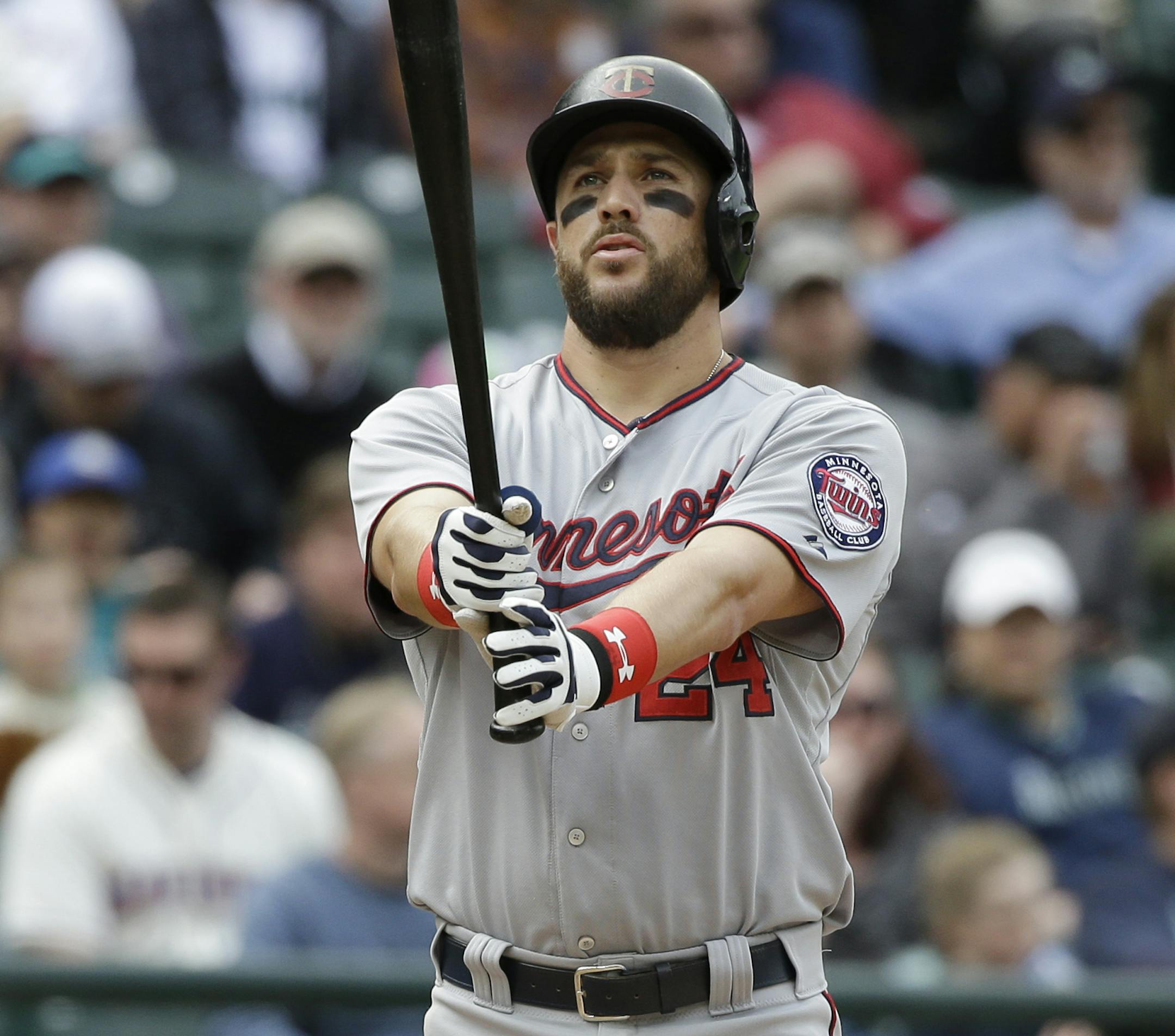 Minnesota Twins' Trevor Plouffe in action against the Seattle Mariners in a baseball game Sunday, April 26, 2015, in Seattle. (AP Photo/Elaine Thompson)