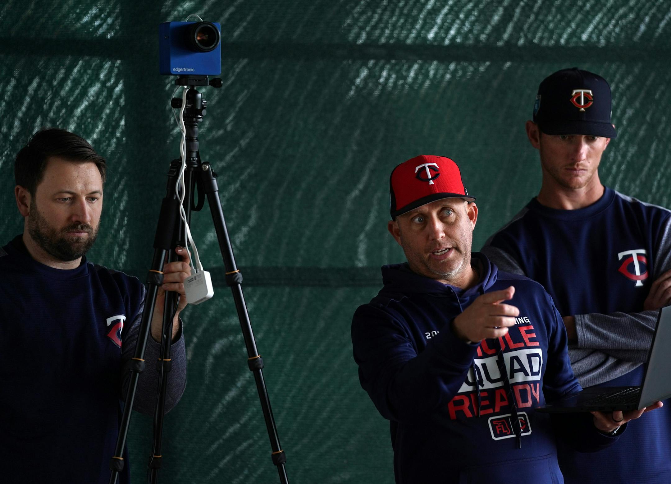 Twins pitching coach Wes Johnson worked to set up the team's high-speed cameras in the bullpens Wednesday morning. ] ANTHONY SOUFFLE &#x2022; anthony.souffle@startribune.com Minnesota Twins players and coaches kicked off Spring Training as pitchers and catchers reported for work on a rainy Wednesday, Feb. 13, 2019 in Fort Myers, Fla.