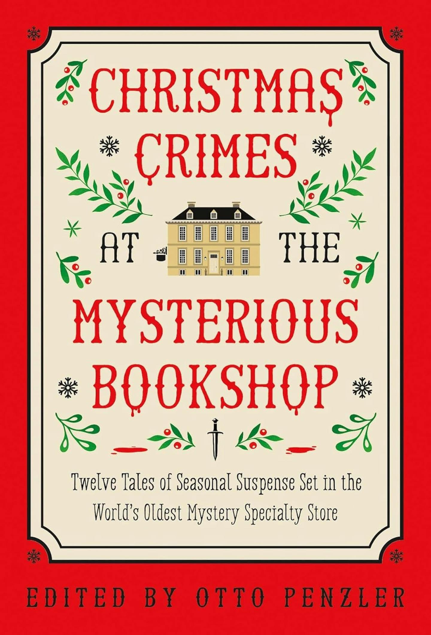 cover of Christmas Crimes at the Mysterious Bookshop features the title as if embroidered