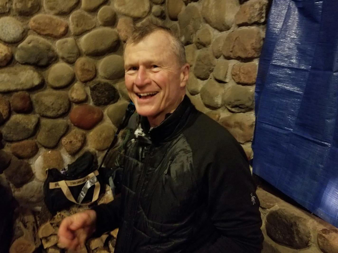 Ultramarathoner Ron Thorsett at a checkpoint in the Tucobia Winter Ultra race in northern Wisconsin in December.