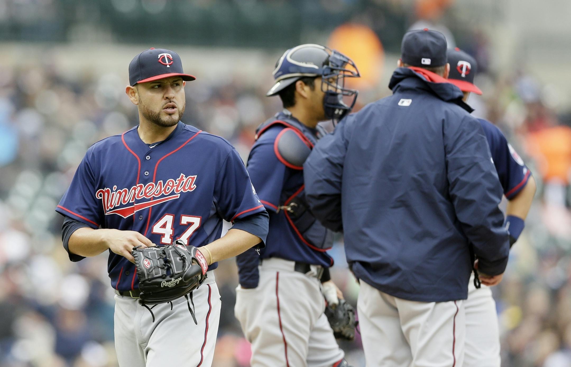 Minnesota Twins starting pitcher Ricky Nolasco is relieved during the fourth inning of a baseball game against the Detroit Tigers, Wednesday, April 8, 2015, in Detroit.