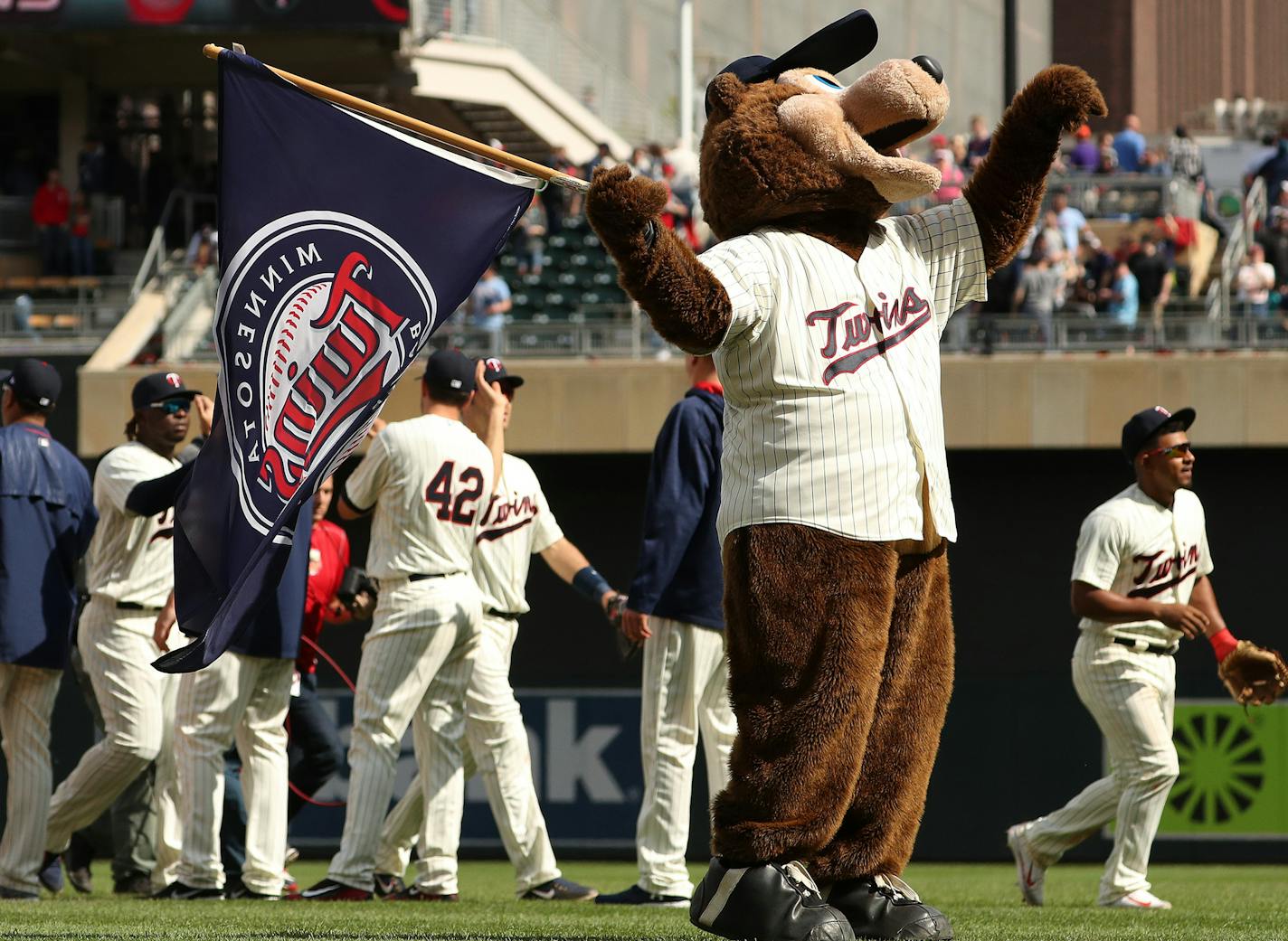 The Minnesota Twins mascot T.C. Bear celebrated the win on the field. ] ANTHONY SOUFFLE &#xef; anthony.souffle@startribune.com Game action from an MLB game between the Minnesota Twins and the Chicago White Sox Saturday, April 15, 2017 at Target Field in Minneapolis. All players on both teams wore number 42 in honor of Jackie Robinson Day. ORG XMIT: MIN1704151603310818