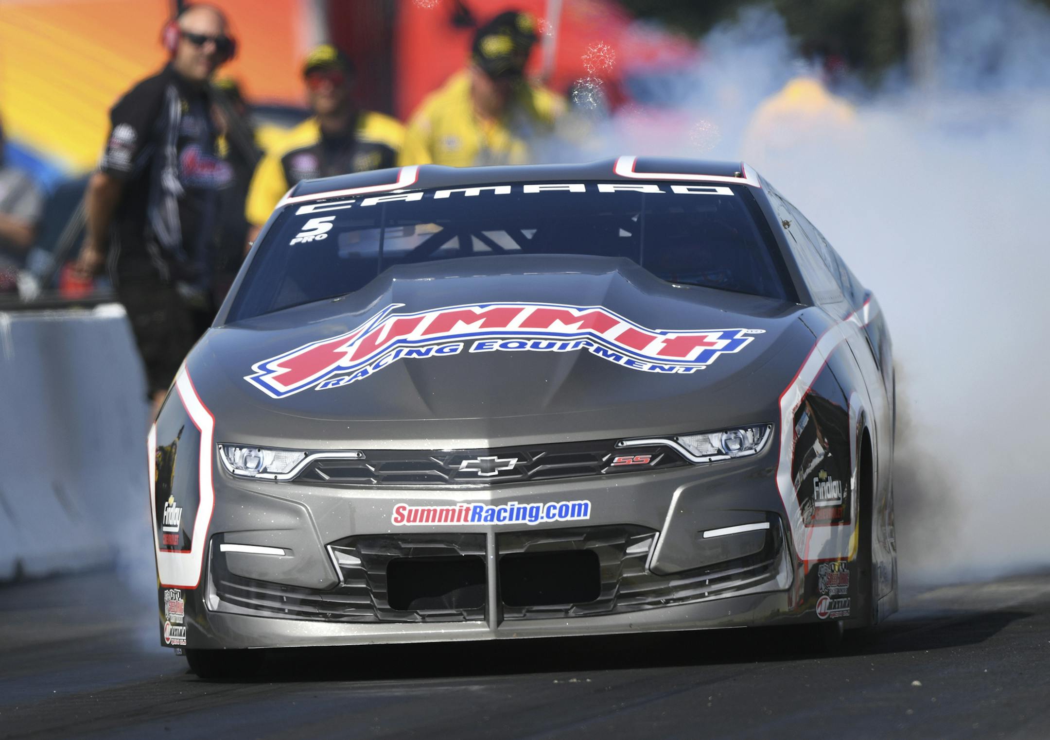 In this photo provided by the NHRA, Pro Stock driver and Minnesota native Jason Line competes in the Lucas Oil NHRA Nationals at Brainerd International Raceway in Brainerd, Minn., Sunday, Aug. 18, 2019. Line picked up the win at his home track of the speedway when he defeated Erica Enders in the final round thanks to his 6.597-second pass at 209.10 mph. (Marc Gewertz/NHRA via AP)