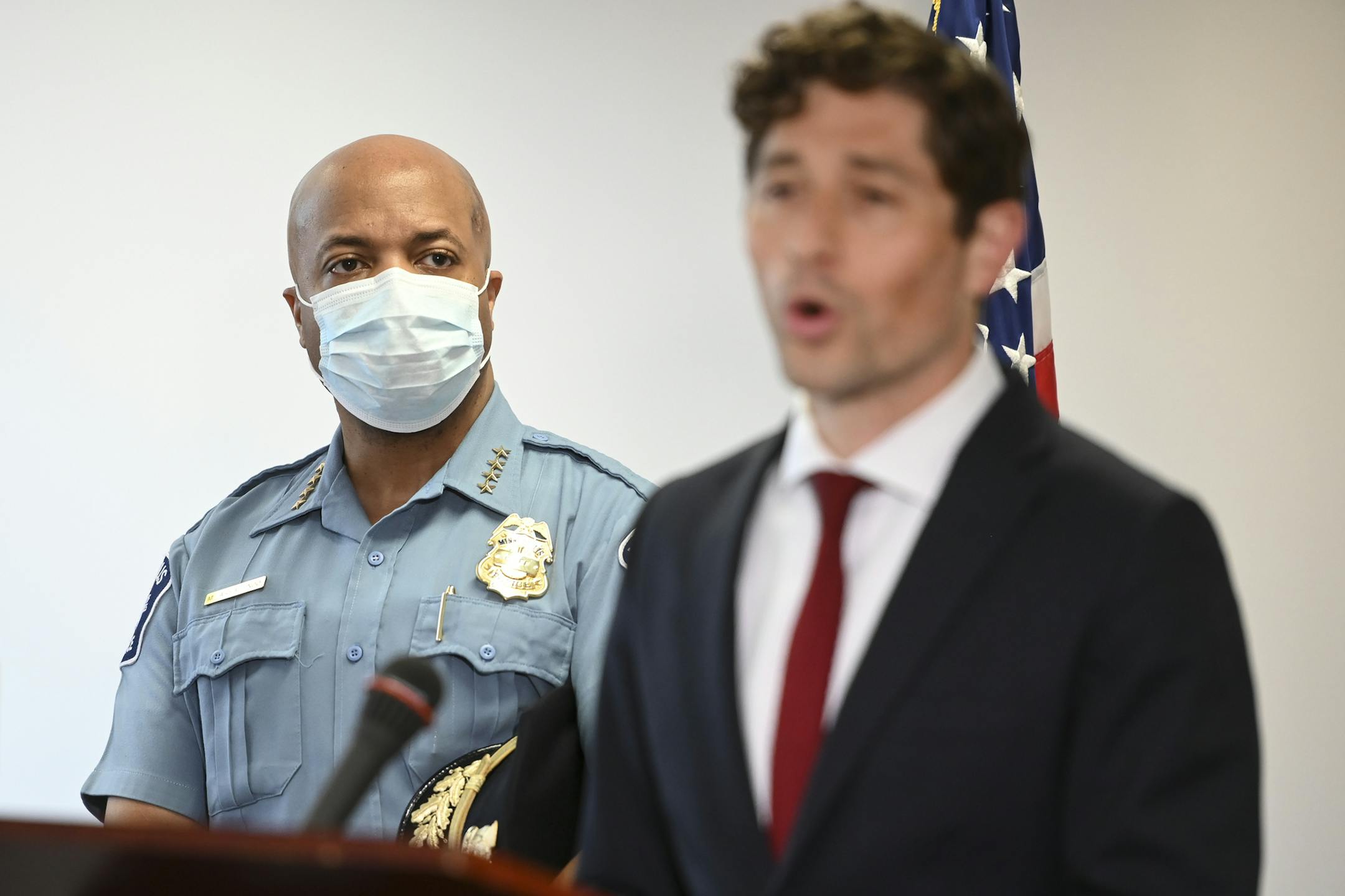 Minneapolis Police Chief Medaria Arradondo listened in as Minneapolis Mayor Jacob Frey and mayors from around the metro called for new legislation to overhaul the arbitration process that critics say too often allows officers accused of "egregious" misconduct to get their jobs back. ] aaron.lavinsky@startribune.com Minneapolis Mayor Jacob Frey and Minneapolis Police Chief Medaria Arradondo spoke to the media and called for new legislation to overhaul the arbitration process that critics say too