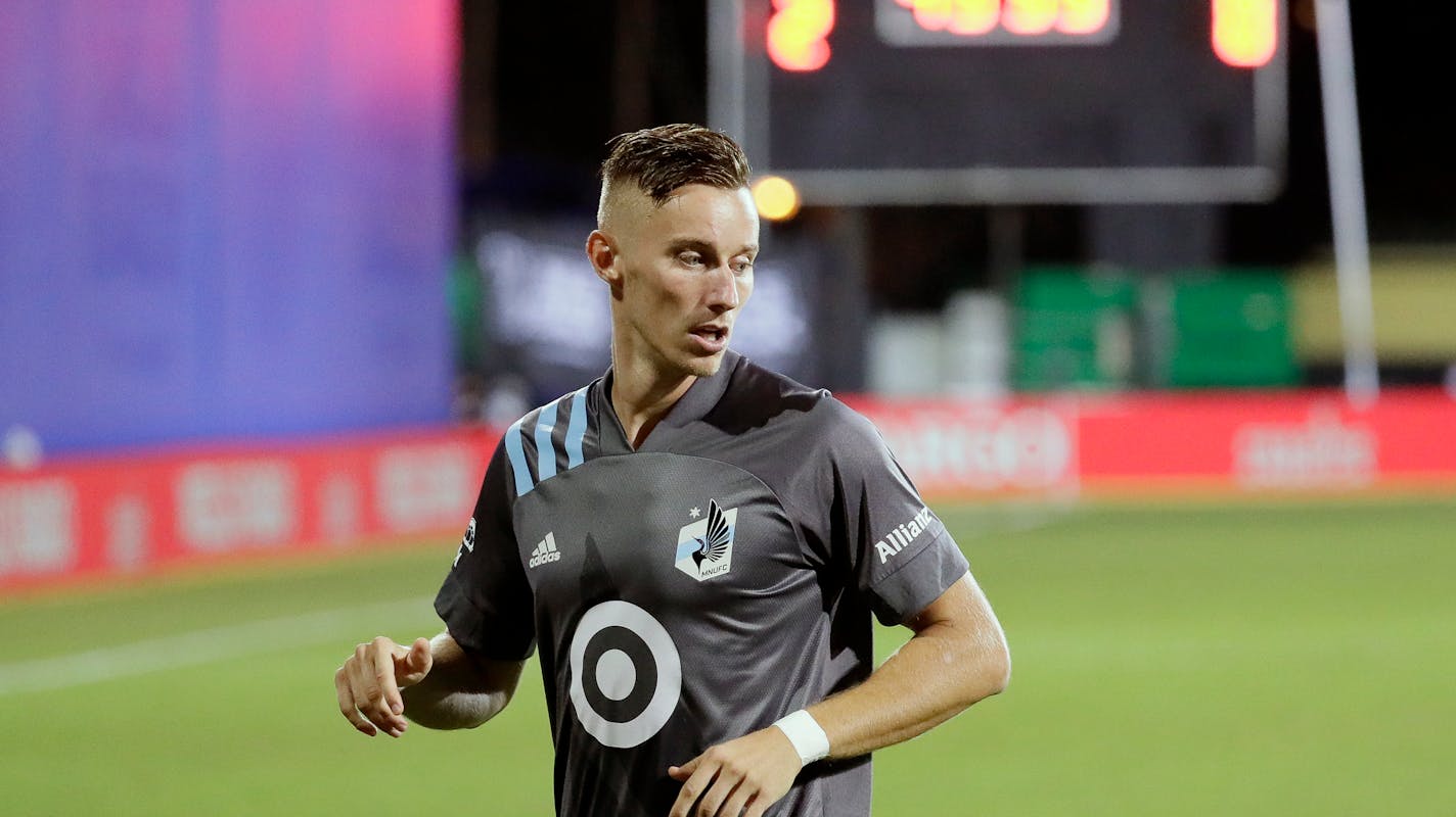 Minnesota United midfielder Jan Gregus moves to get position on the ball during the second half of an MLS soccer match against Orlando City, Thursday, Aug. 6, 2020, in Kissimmee, Fla. (AP Photo/John Raoux)