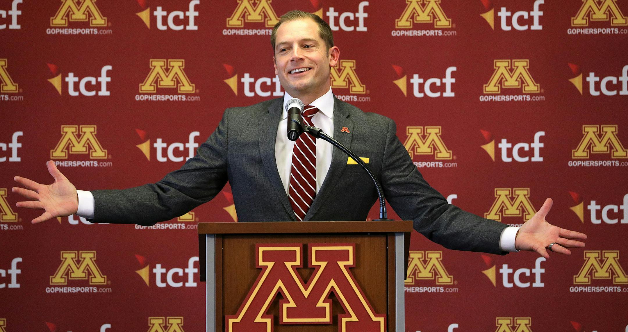 Newly named University of Minnesota football coach P.J. Fleck gestures as he spoke during a press conference Friday Jan. 6, 2016 in Minneapolis, Minn. (Anthony Souffle/Minneapolis Star Tribune/TNS) ORG XMIT: 1195696 ORG XMIT: MIN1701061708420887