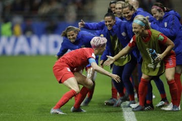 United States' Megan Rapinoe celebrates after scoring her team's ninth goal during the Women's World Cup Group F soccer match between the United State