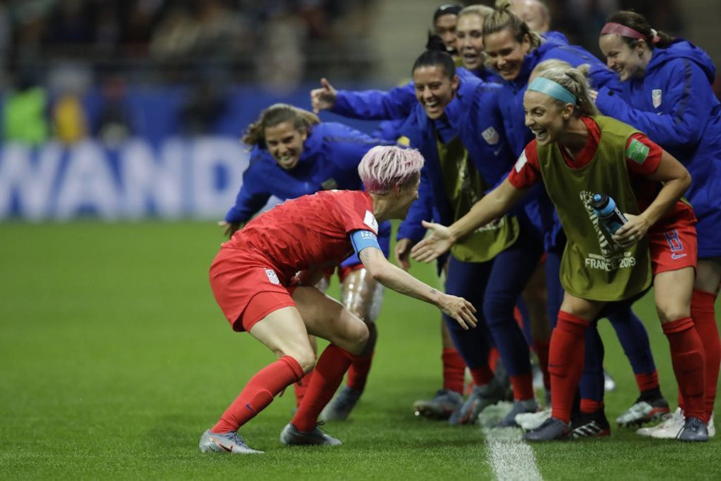 United States' Megan Rapinoe celebrates after scoring her team's ninth goal during the Women's World Cup Group F soccer match between the United States and Thailand at the Stade Auguste-Delaune in Reims, France, Tuesday, June 11, 2019.