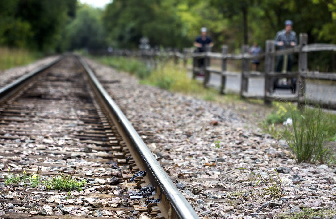 Railroad tracks parallel to Kenilworth Trail as seen from a pedestrian crossing point in Minneapolis September 27, 2013. (Courtney Perry/Special to the Star Tribune)