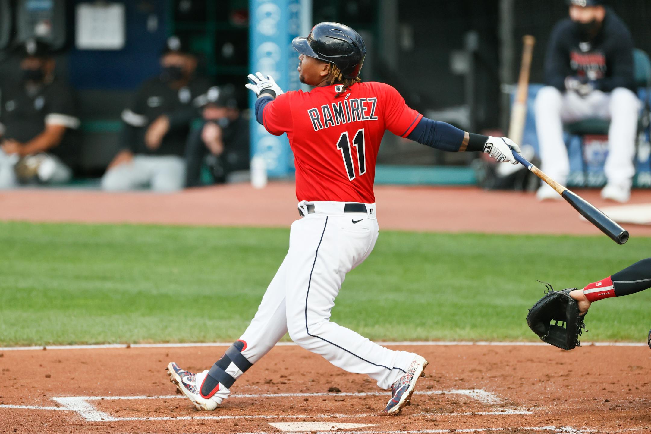 Cleveland Indians' Jose Ramirez hits a three run home run off Chicago White Sox starting pitcher Dane Dunning during the first inning of a baseball game, Monday, Sept. 21, 2020, in Cleveland. (AP Photo/Ron Schwane)