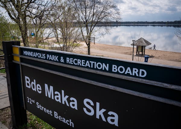 A sign for Bde Maka Ska at 32nd Street Beach.