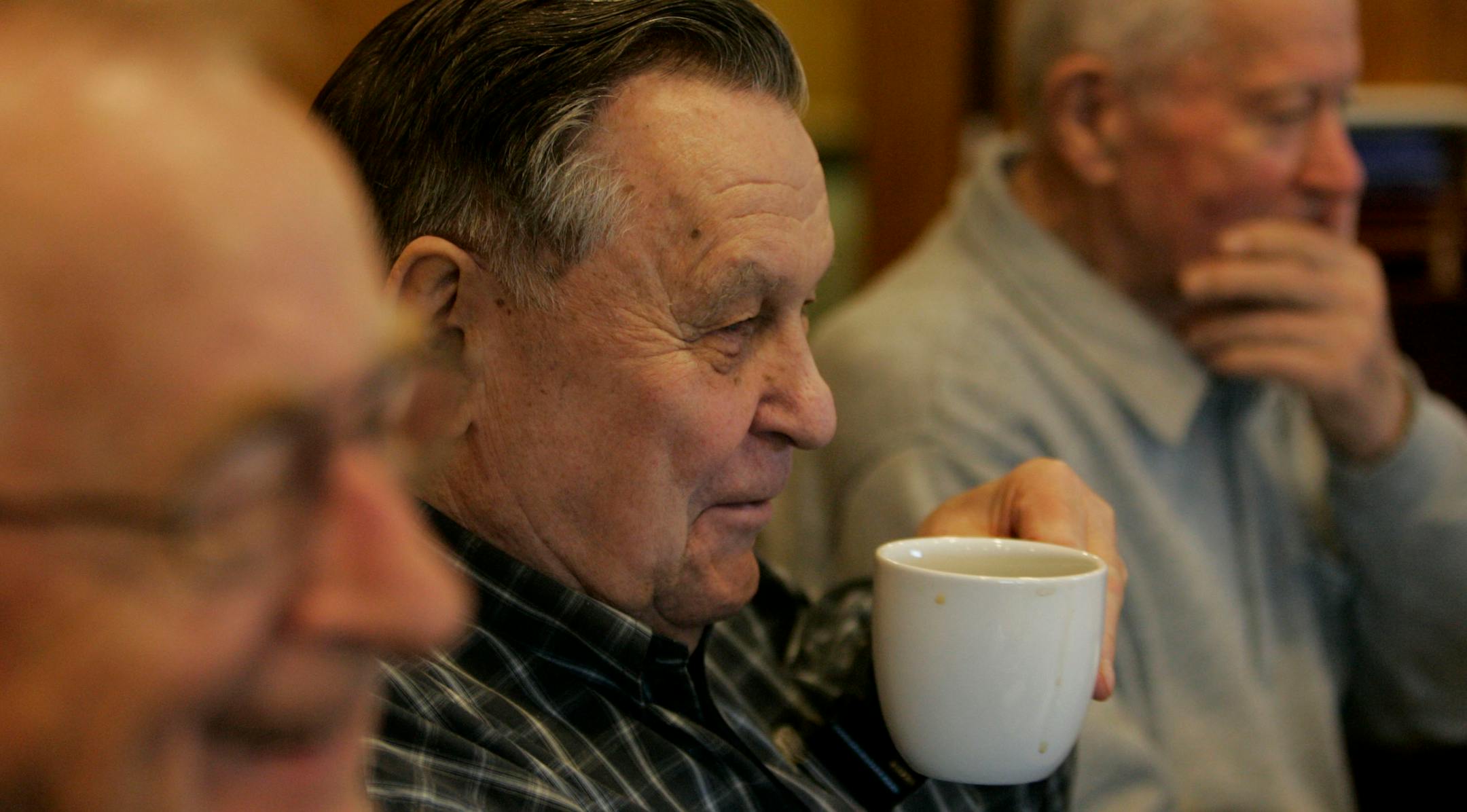 Joe Kovach listened as his wife Lois an friends chtted away the morning over coffee and oatmeal during their weekly meeting at the Richfield Baker's Square. This group from Emmanuel Lutheran Church has been meeting for 50 years.