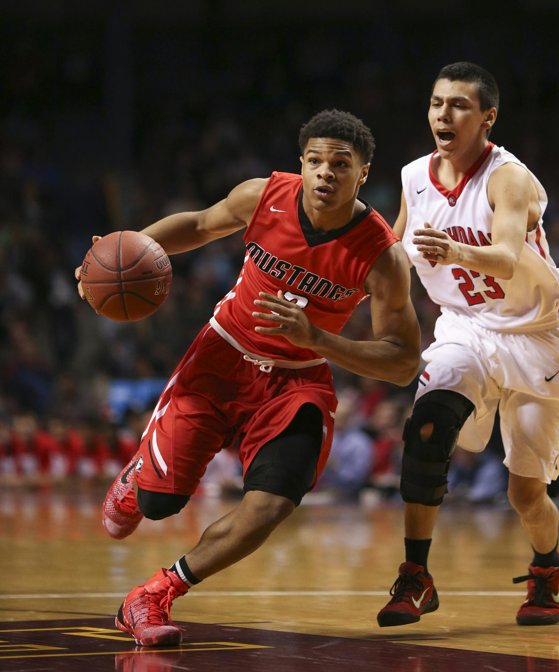Maranatha's Damario Armstrong drove to the basket in the first half, defended by Red Lake's Ira Spears Thursday afternoon at Williams Arena. ] JEFF WHEELER ï jeff.wheeler@startribune.com Red Lake and Marantha Christian Academy met in a Class 1A quarterfinal boys' basketball state tournament game Thursday afternoon, March 12, 2015 at Williams Arena in Minneapolis.