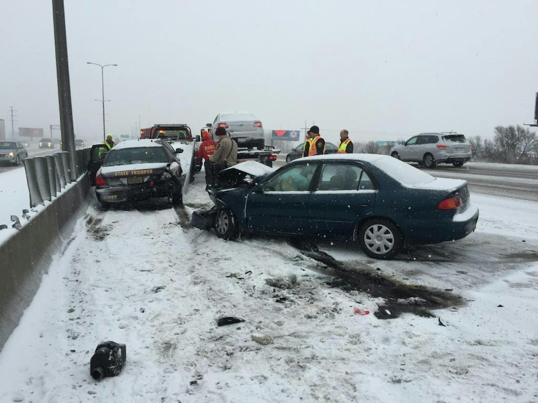 A squad car with a state trooper inside was hit on I-494EB at Concord, while investigating another crash Tuesday morning. The trooper was extricated and taken to Regions Hospital with noncritical injuries.