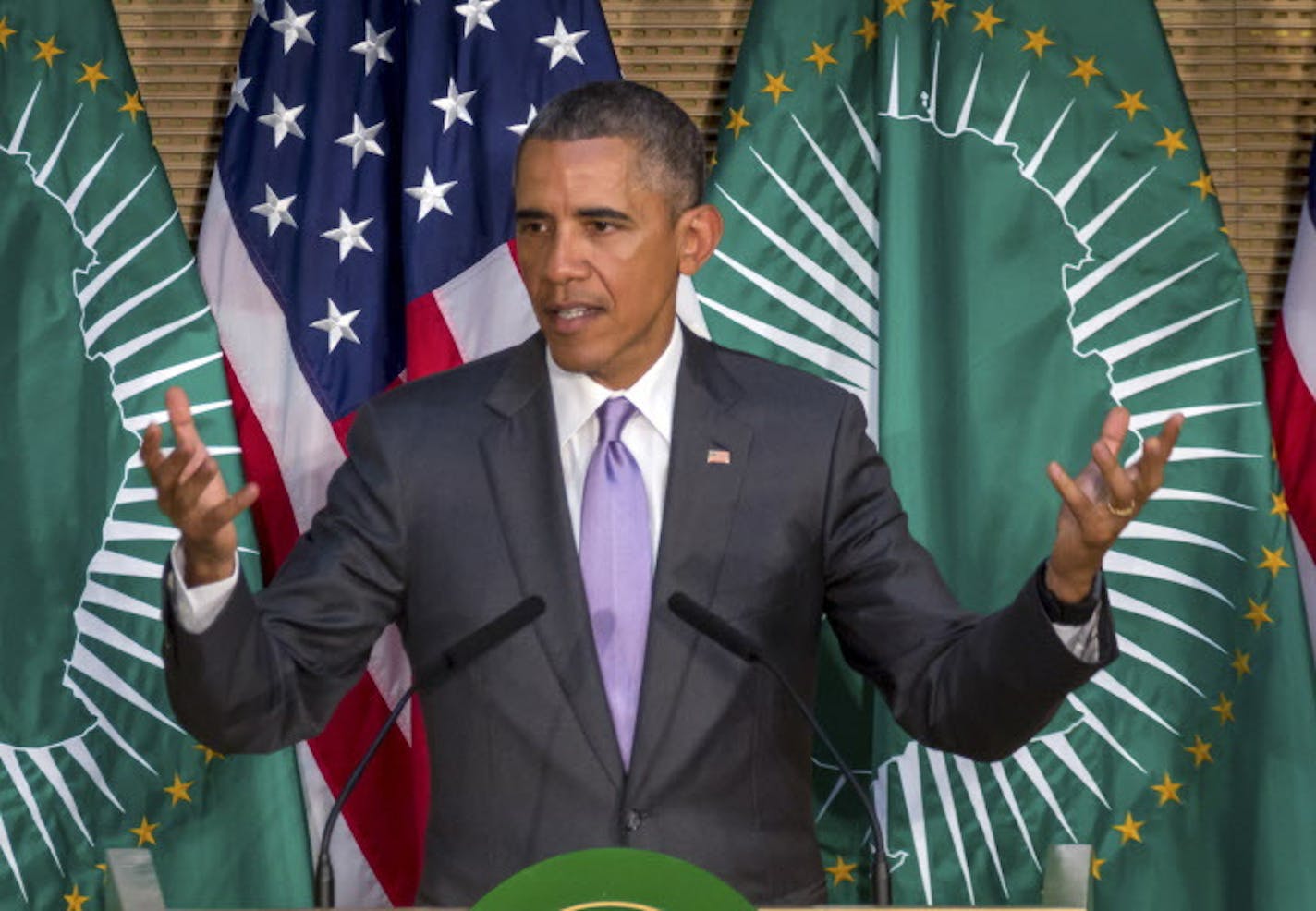 President Barack Obama delivers a speech to the African Union in Addis Ababa, Ethiopia Tuesday, July 28, 2015. Closing a historic visit to Africa, President Barack Obama on Tuesday urged the continent's leaders to prioritize creating jobs and opportunity for the next generation of young people or risk sacrificing future economic potential to further instability and disorder. (AP Photo/Mulugeta Ayene)