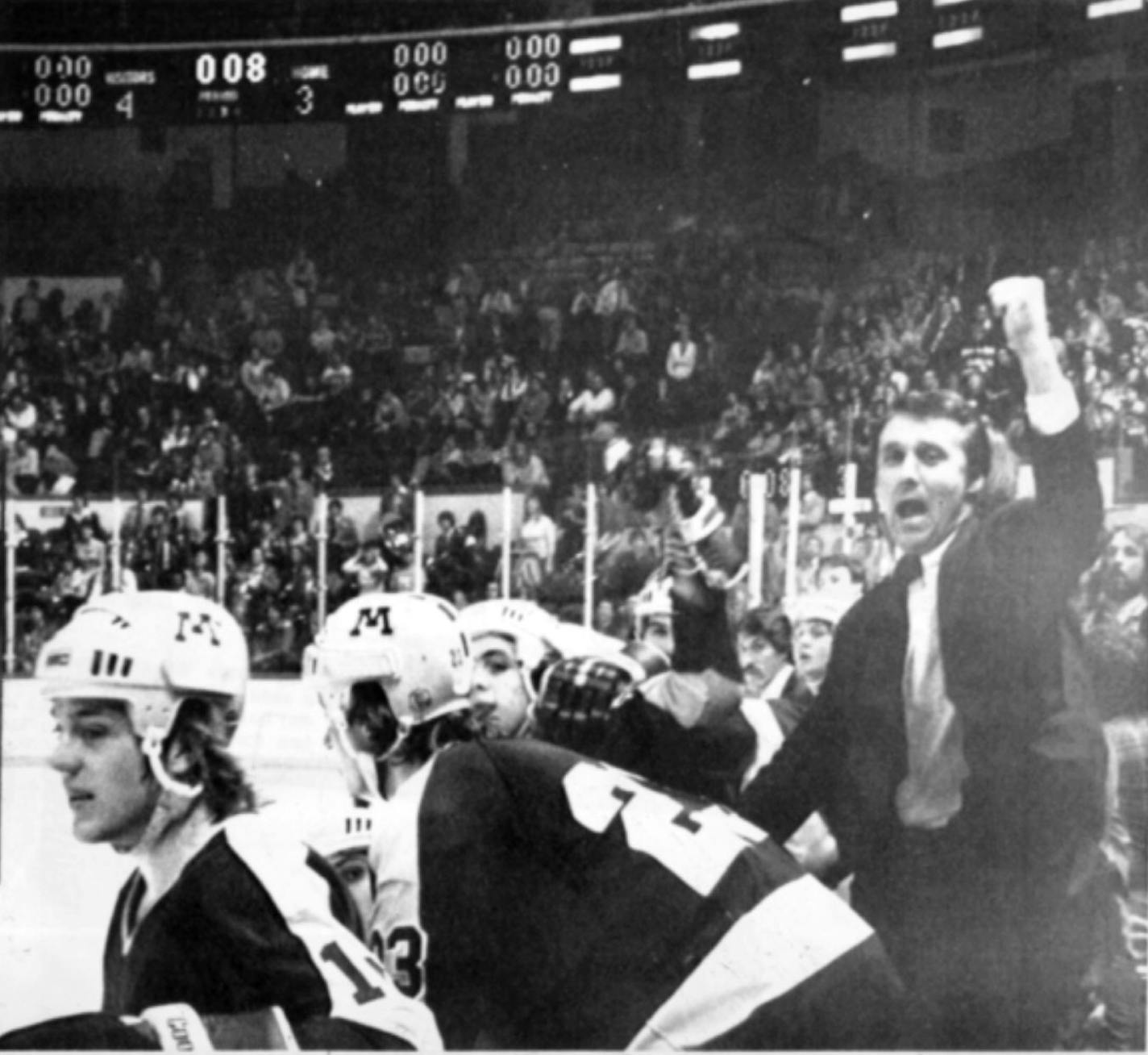 Gophers coach Herb Brooks celebrated during the closing seconds of Minnesota's 4-3 victory over North Dakota for the 1979 NCAA hockey title in Detroit.