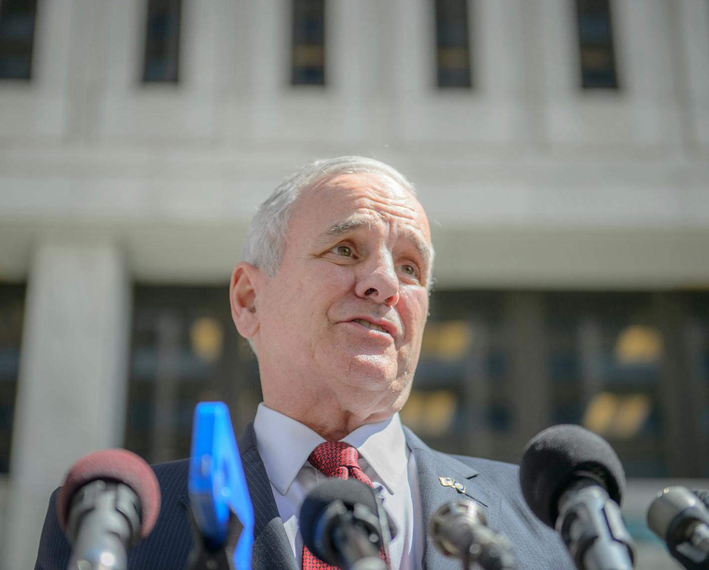 Gov. Mark Dayton talked with reporters as he left the meeting at the Federal Courthouse in St. Paul, MN. ] GLEN STUBBE * gstubbe@startribune.com Monday, August 10, 2015 U.S. Judge Donovan Frank met with Gov. Mark Dayton, Senate Majority Leader Tom Bakk, House Speaker Kurt Daudt and other legislative leaders to find a solution for the Minnesota Sex Offender Program.