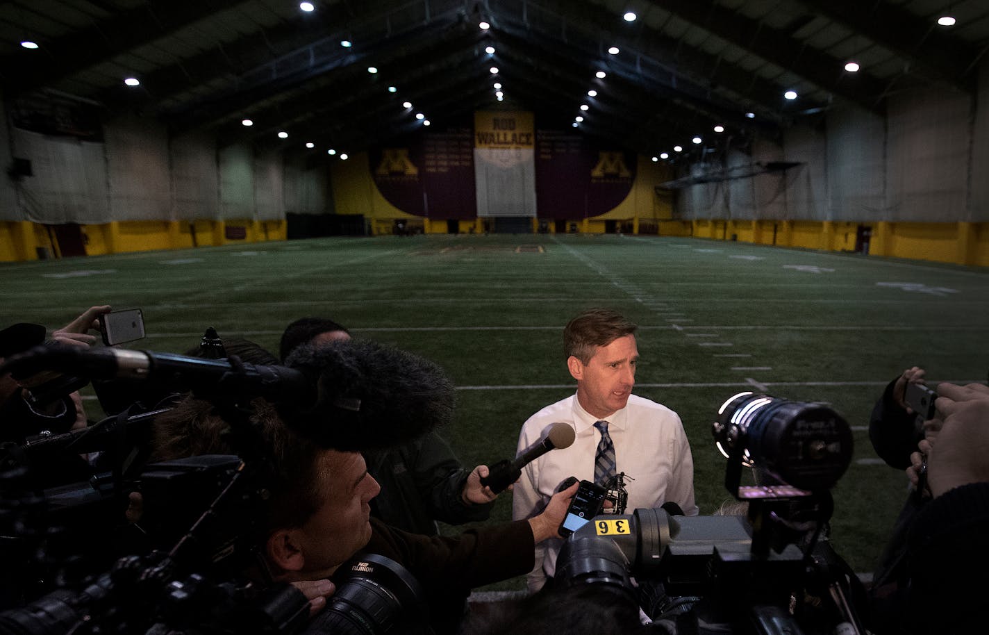 Athletic director Mark Coyle spoke with media after it was announced that 10 Gophers football players had been suspended following an investigation into an alleged sexual assault.