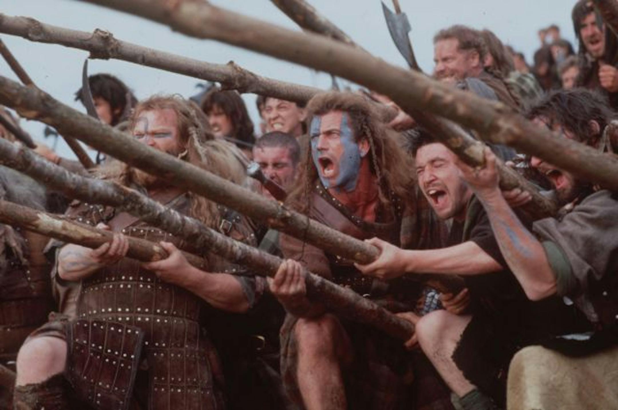 Mel Gibson (at center, with blue on his face) is director of, and star in, the 1995 movie "Braveheart."