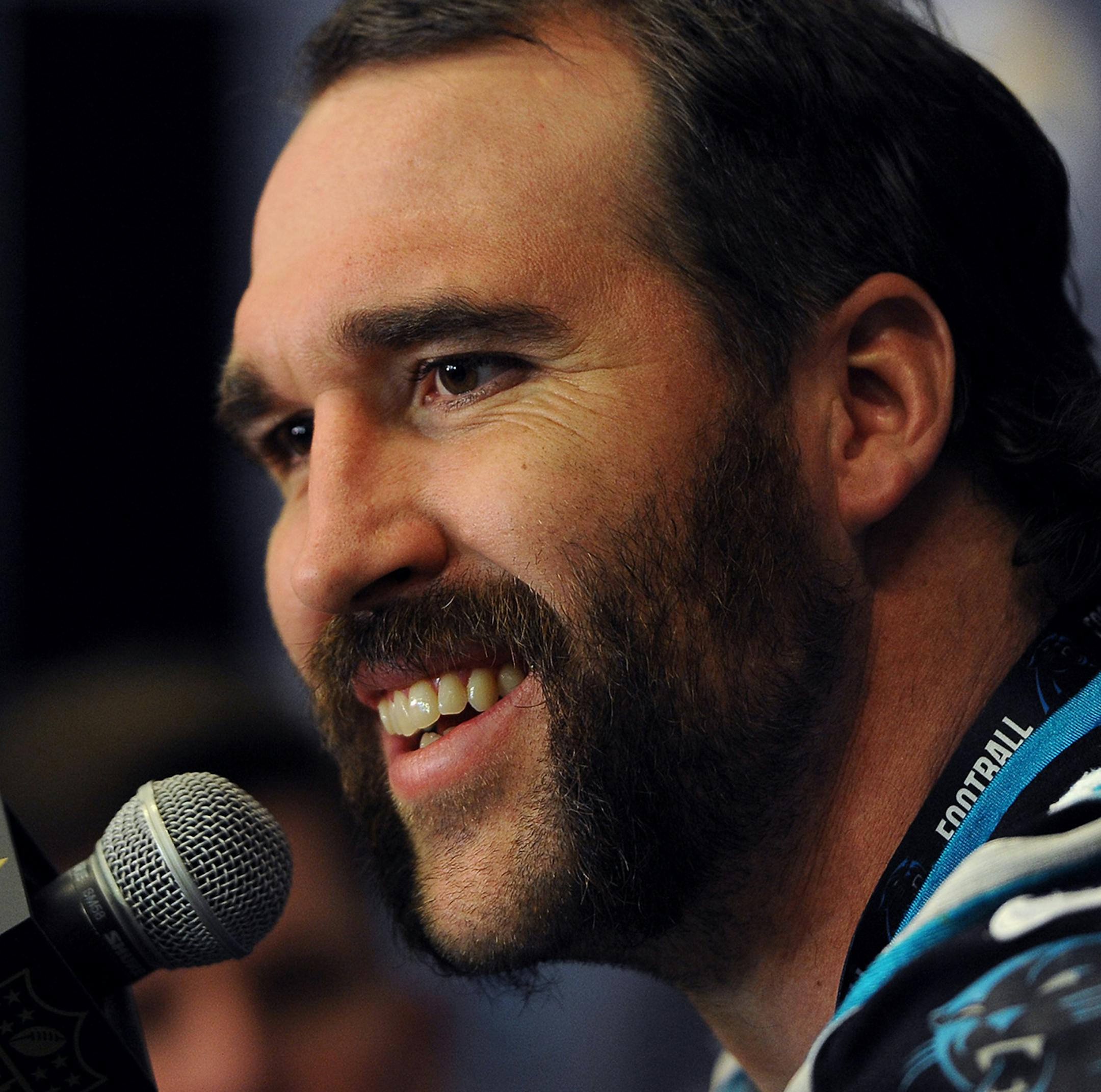 Carolina Panthers defensive end Jared Allen during a news conference on Tuesday, Feb. 2, 2016, at the San Jose Convention Center in San Jose, Calif. The Panthers play the Denver Broncos in Super Bowl 50 on Sunday. (Jeff Siner/Charlotte Observer/TNS) ORG XMIT: MIN1602021707083831