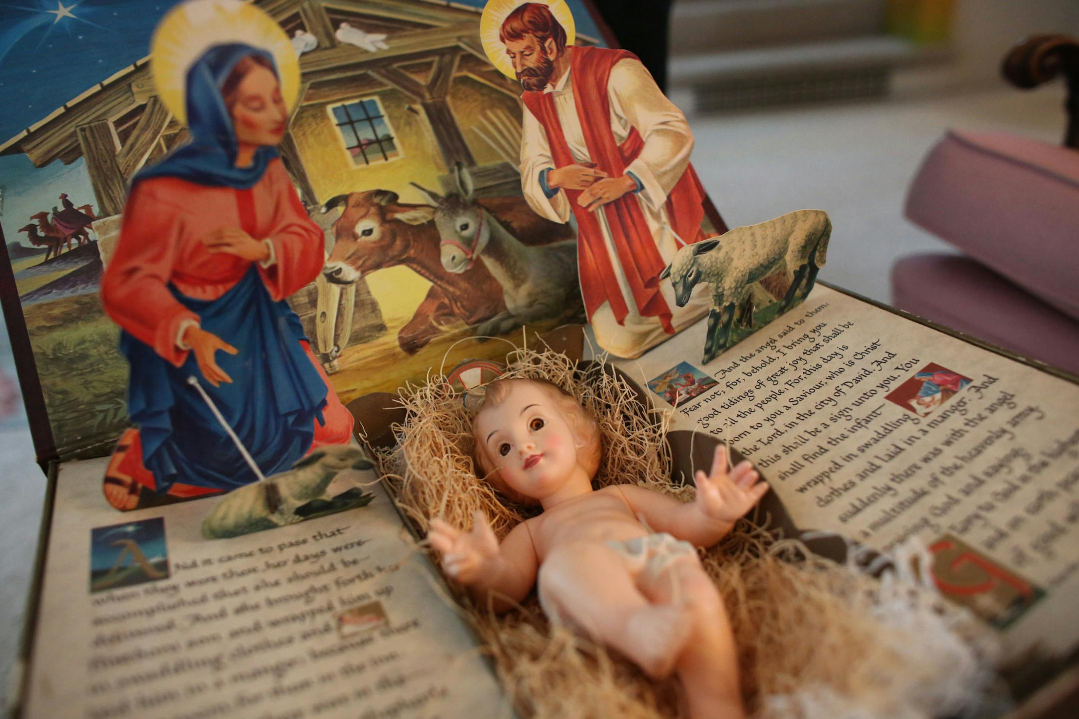 This Nativity scene now belongs to Lorna Johnston who was once afraid of it and now loves the Nativity scene at her home in Long Lake Friday, December 13, 2013. Johnston almost let the family heirloom escape to Good will but drove after the truck and has kept it as a part of her tradition ever since. ] (KYNDELL HARKNESS/STAR TRIBUNE) kyndell.harkness@startribune.com