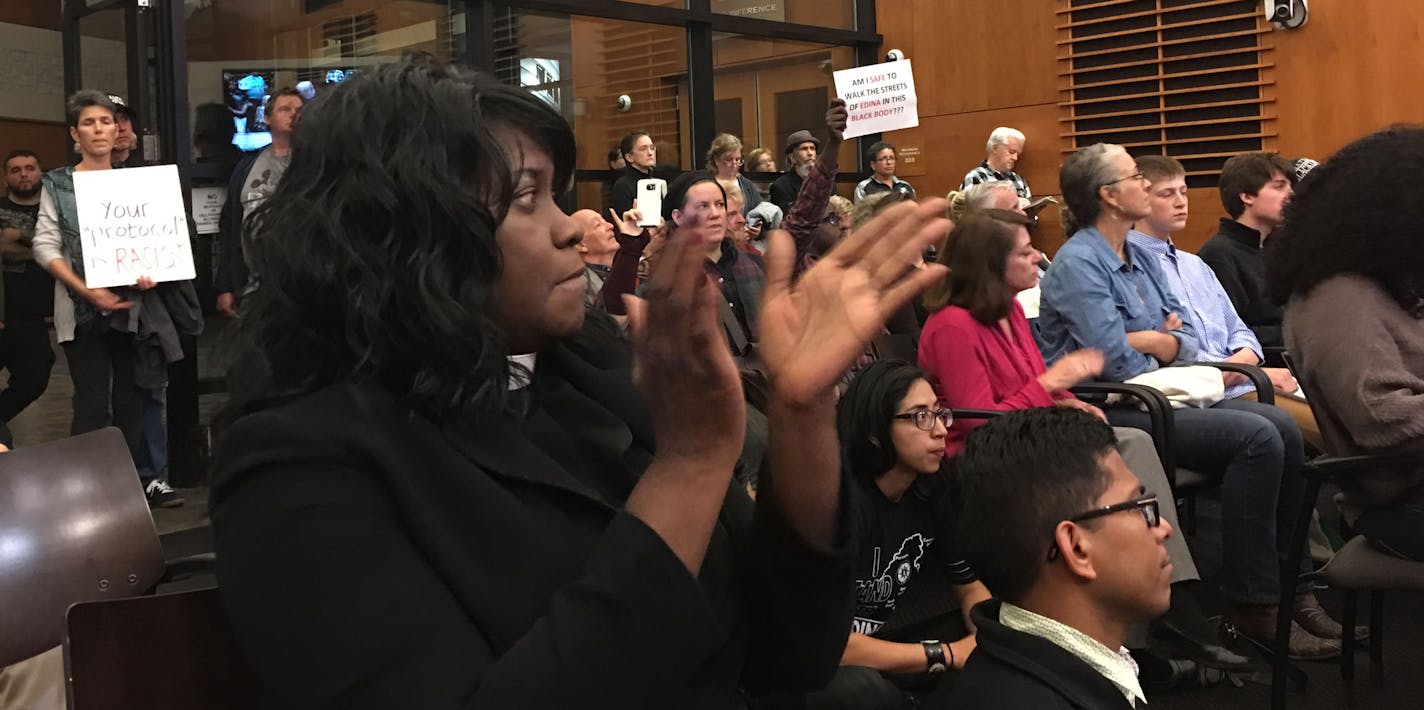 Edina's mayor and City Council got an earful Tuesday night from an overflow crowd of about 150 residents and advocates who showed up to respond to last week's incident involving a white police officer and black man.