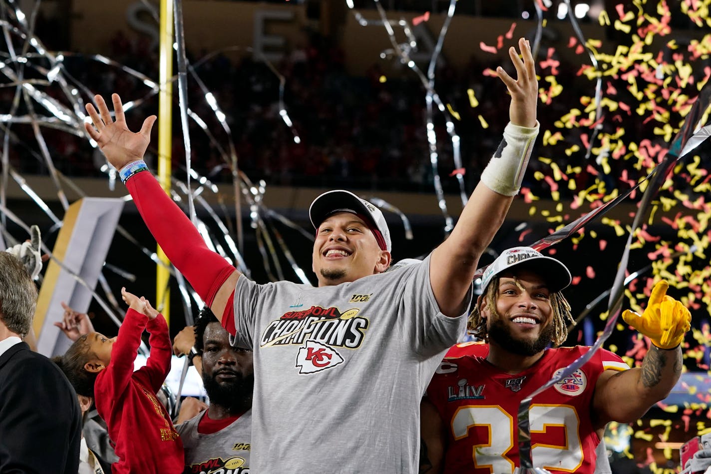 Patrick Mahomes, left, and Tyrann Mathieu celebrate after defeating the San Francisco 49ers in the Super Bowl