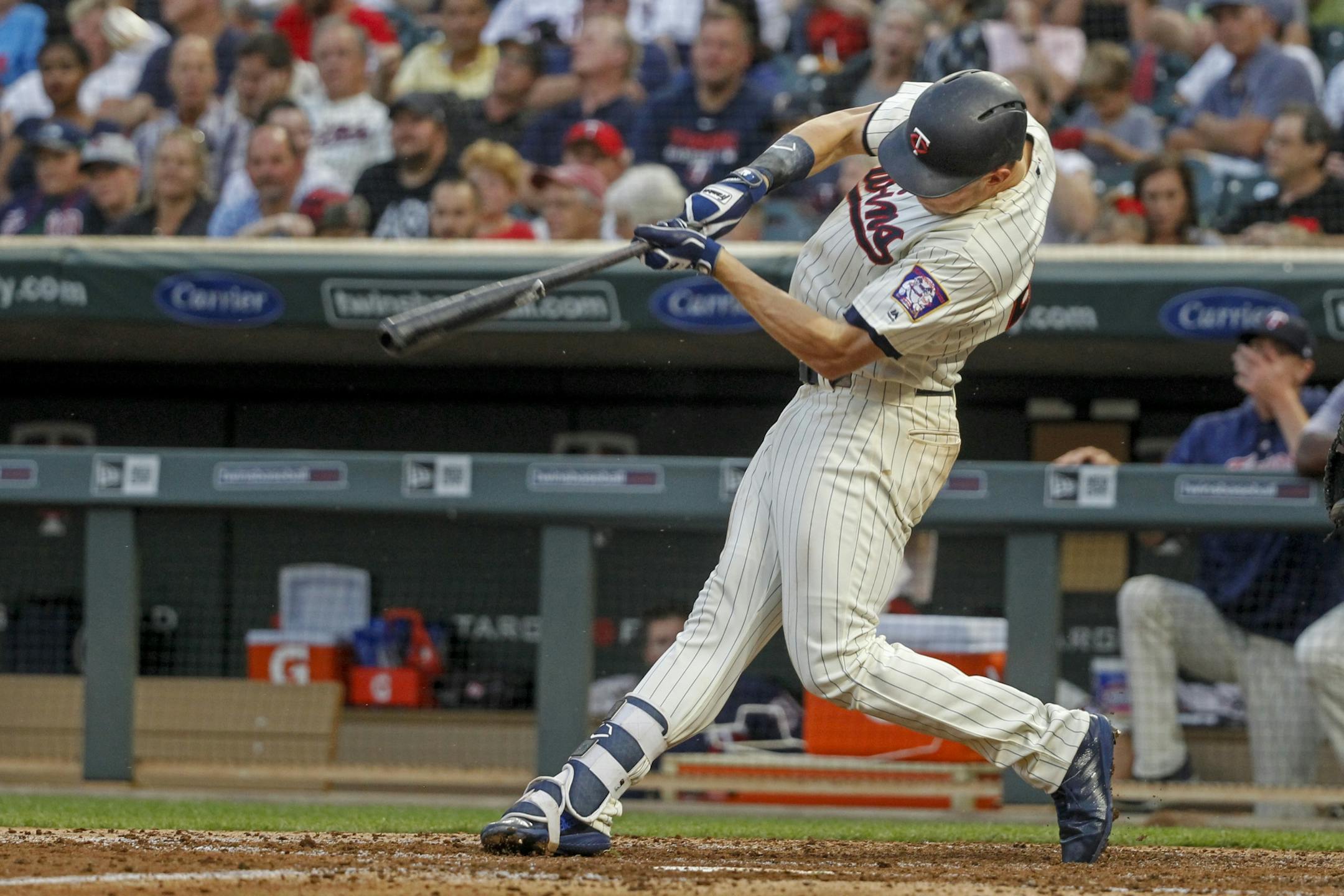Minnesota Twins Max Kepler hits a two-run homer against the Kansas City Royals in the fourth inning of a baseball game Saturday, Aug. 4, 2018, in Minneapolis.