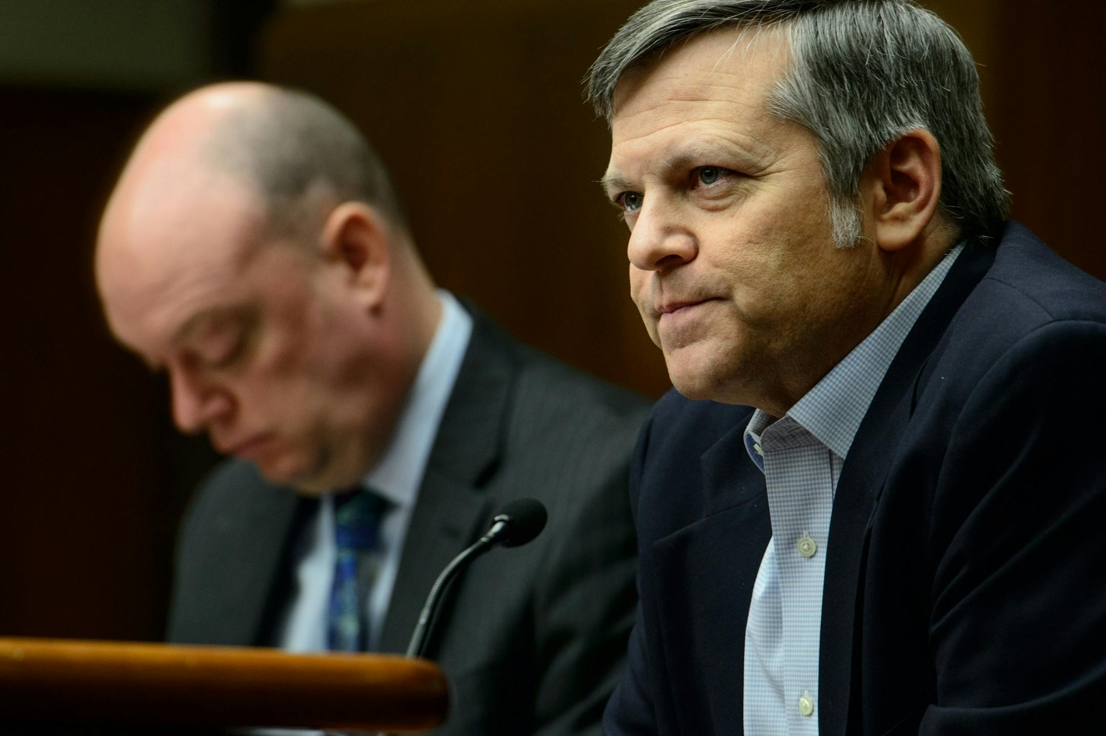 MNsure Chair Brian Beutner testified before the MnSure Oversight Committee at the State Capitol on Wednesday. On the left is MNsure Interim CEO Scott Leitz.