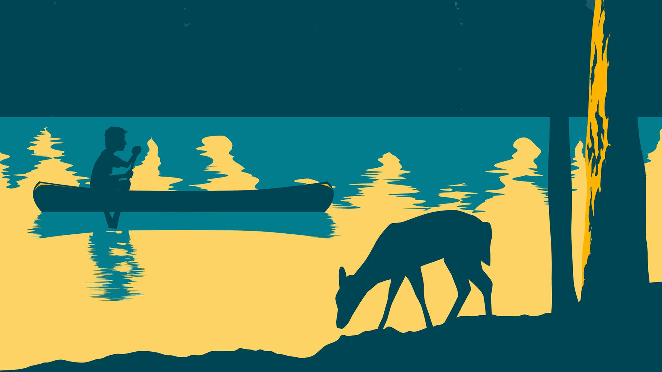 Vintage looking illustration of a man canoeing across a lake.