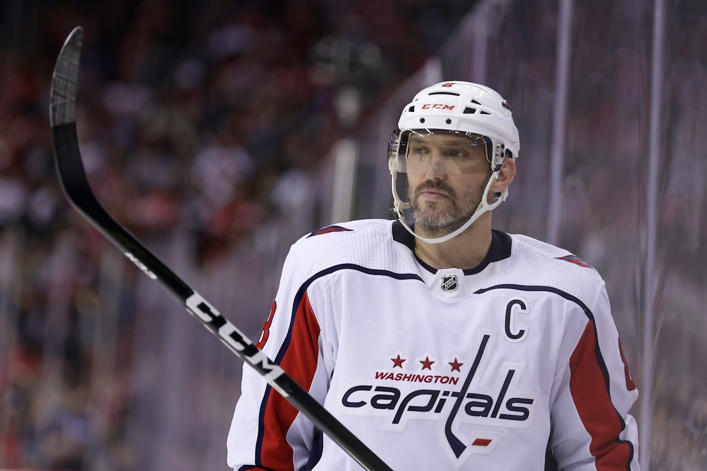 Washington Capitals left wing Alex Ovechkin (8) reacts against the New Jersey Devils] during the third period of an NHL hockey game Wednesday, Oct. 25, 2023, in Newark, N.J. The Capitals won 6-4. (AP Photo/Adam Hunger)