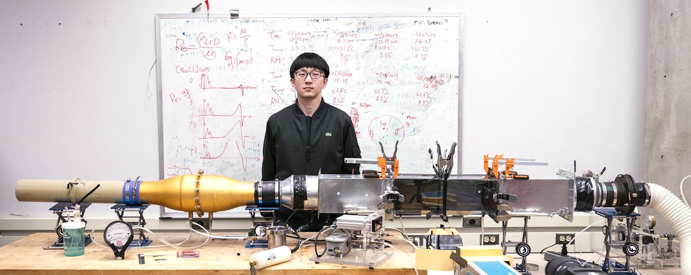 Qingfeng Cao, a U postdoctoral associate from China, worked on measuring the airflow patterns of pleated filters in the Particle Technology Lab.