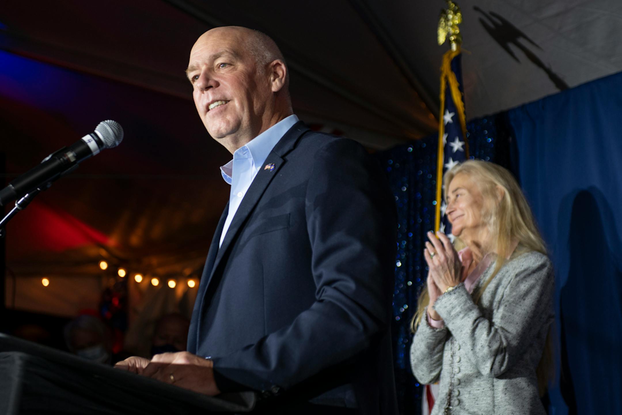 Greg Gianforte, Republican candidate for Montana governor, speaks to his supporters after winning the race, in Bozeman, Mont., Tuesday, Nov 3, 2020. (AP Photo/Tommy Martino)