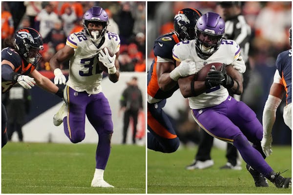The Vikings ran for a season-high 175 yards against Denver, with Ty Chandler, left, carrying 10 times for 73 yards and Alexander Mattison gaining 81 y