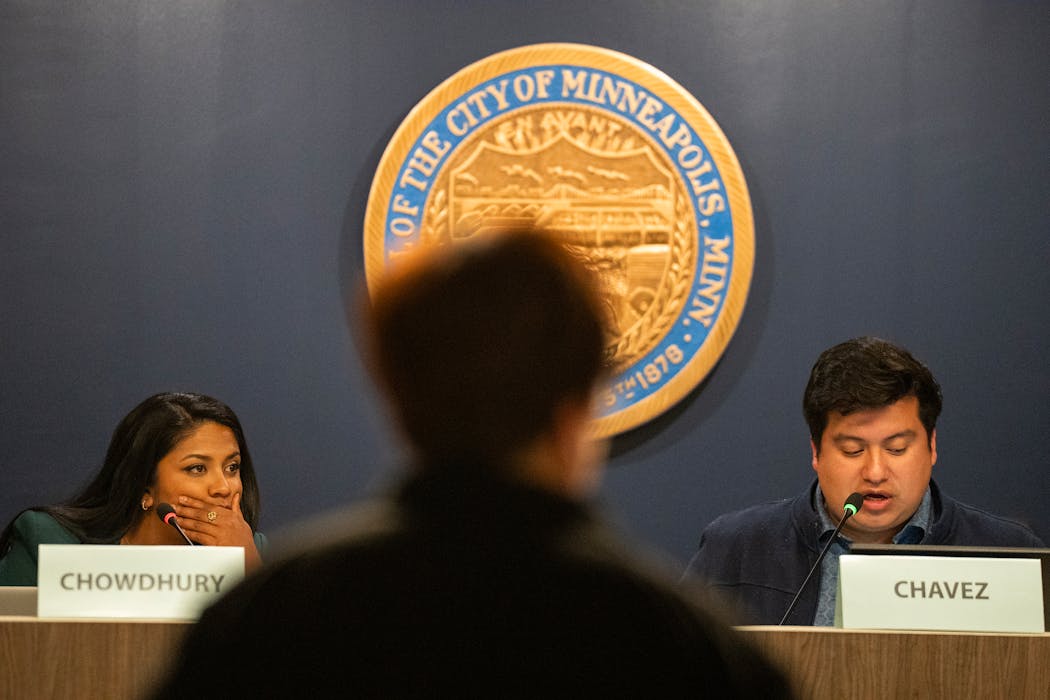 Minneapolis City Council Members Aurin Chowdhury and Jason Chavez listen as City Operations Officer Margaret Anderson Kelliher presents a concept plan for the former Third Precinct at a council committee meeting Tuesday.