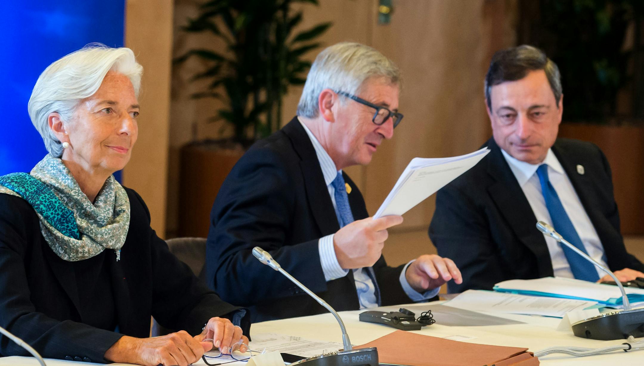 FILE - In this file photo dated Monday, June 22, 2015, from left, German Chancellor Angela Merkel, Managing Director of the International Monetary Fund Christine Lagarde, European Commission President Jean-Claude Juncker and European Central Bank Governor Mario Draghi participate in a meeting in Brussels. Following the continuing failure of the eurozoneís finance ministers to cobble together a deal, a summit of the currency blocís leaders was called. Greece made new proposals that appe