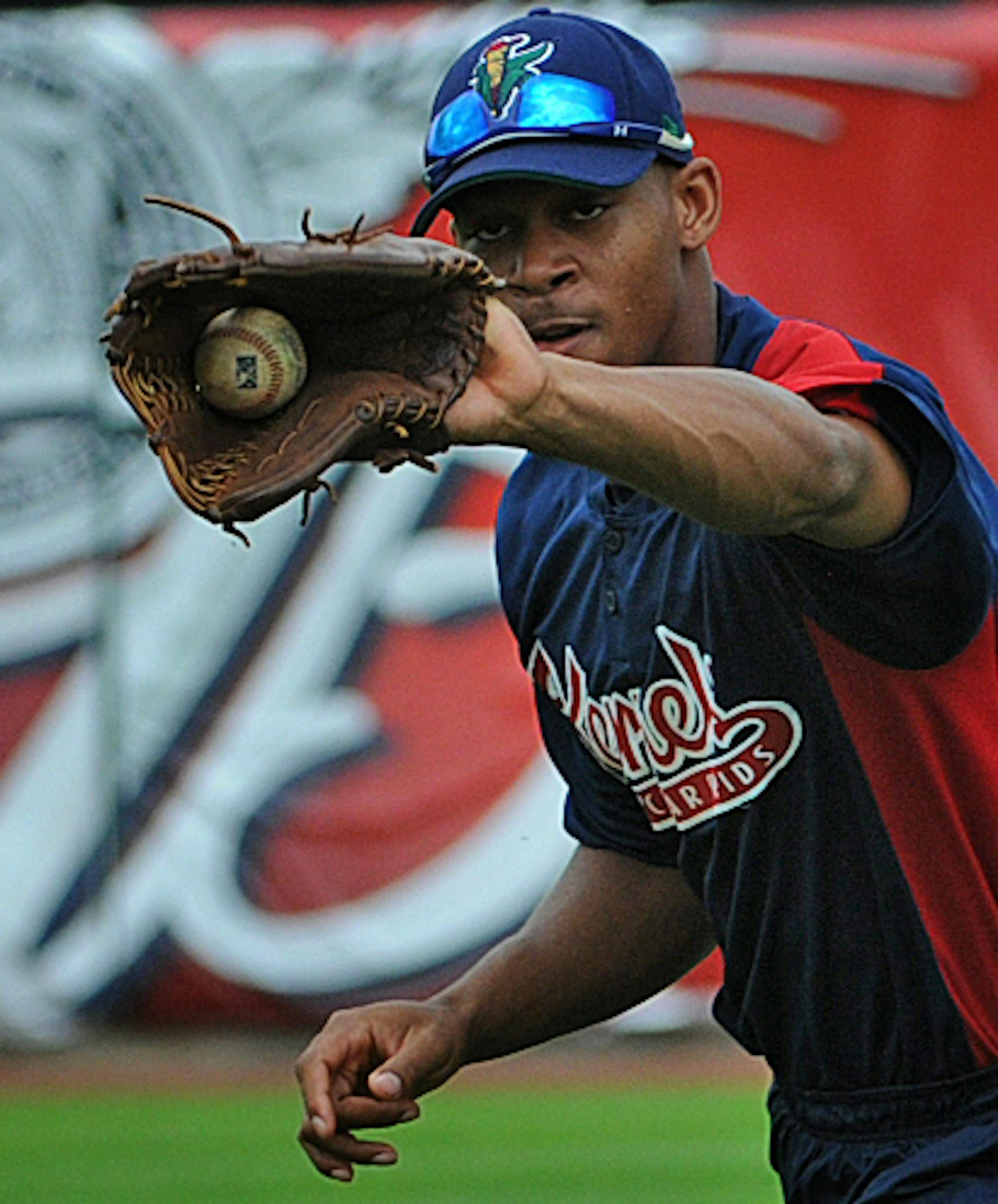 Byron Buxton, Cedar Rapids Kernels center fielder, no 7 during outfield drills .] Richard.Sennott@startribune.com Richard Sennott/Star Tribune. , Cedar Rapids Iowa Wednesday 5/29/13) ** (cq) ORG XMIT: MIN1305300832380394 ORG XMIT: MIN1306282147262554 ORG XMIT: MIN1309061951451848