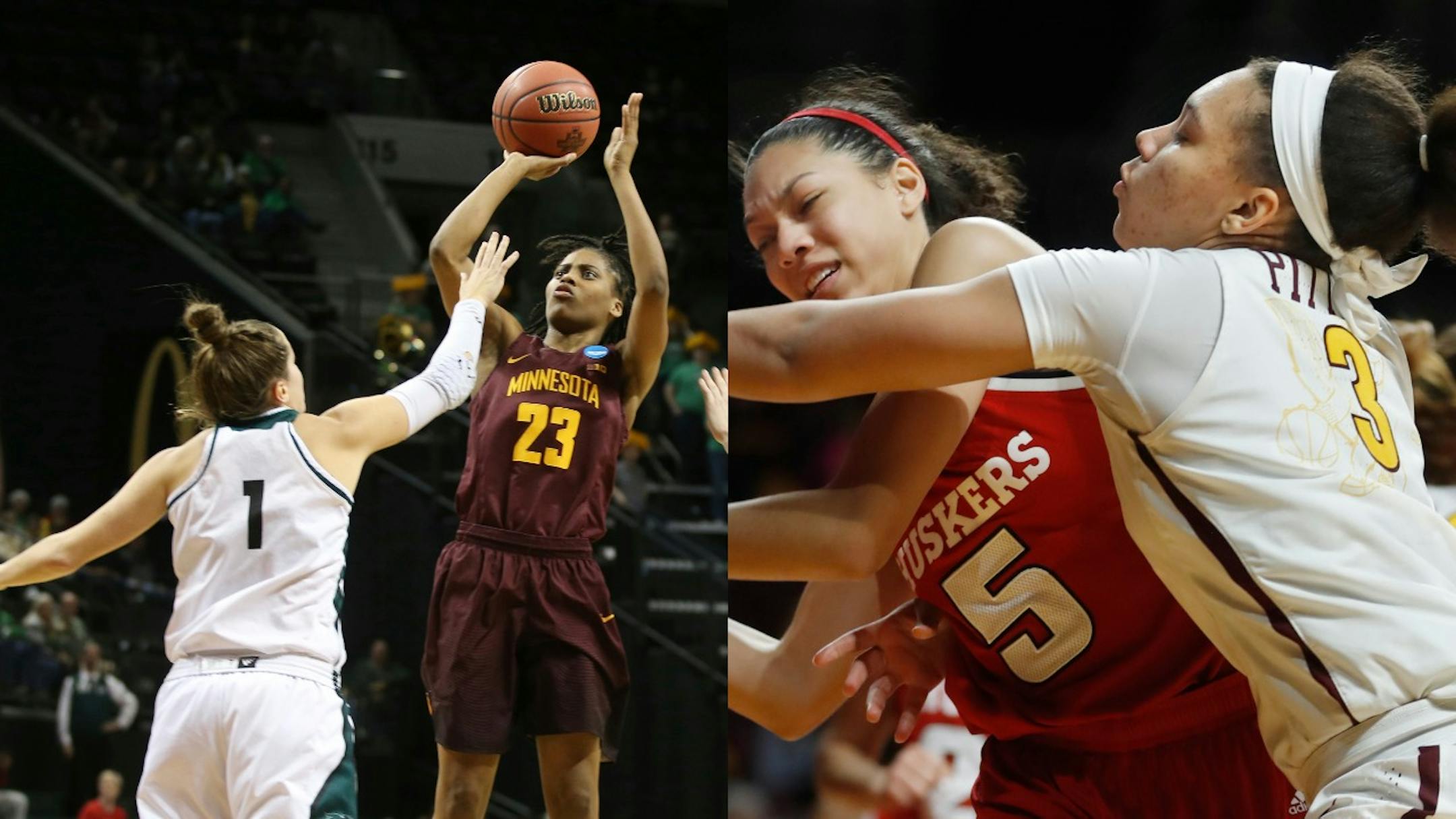 Gophers senior guard Kenisha Bell, left, was one of 11 players recognized by both the media and the coaches on the preseason all-Big Ten women's basketball team. Sophomore forward/guard Destiny Pitts, right – last season's conference freshman of the year – was named to the media's preseason all-conference team.