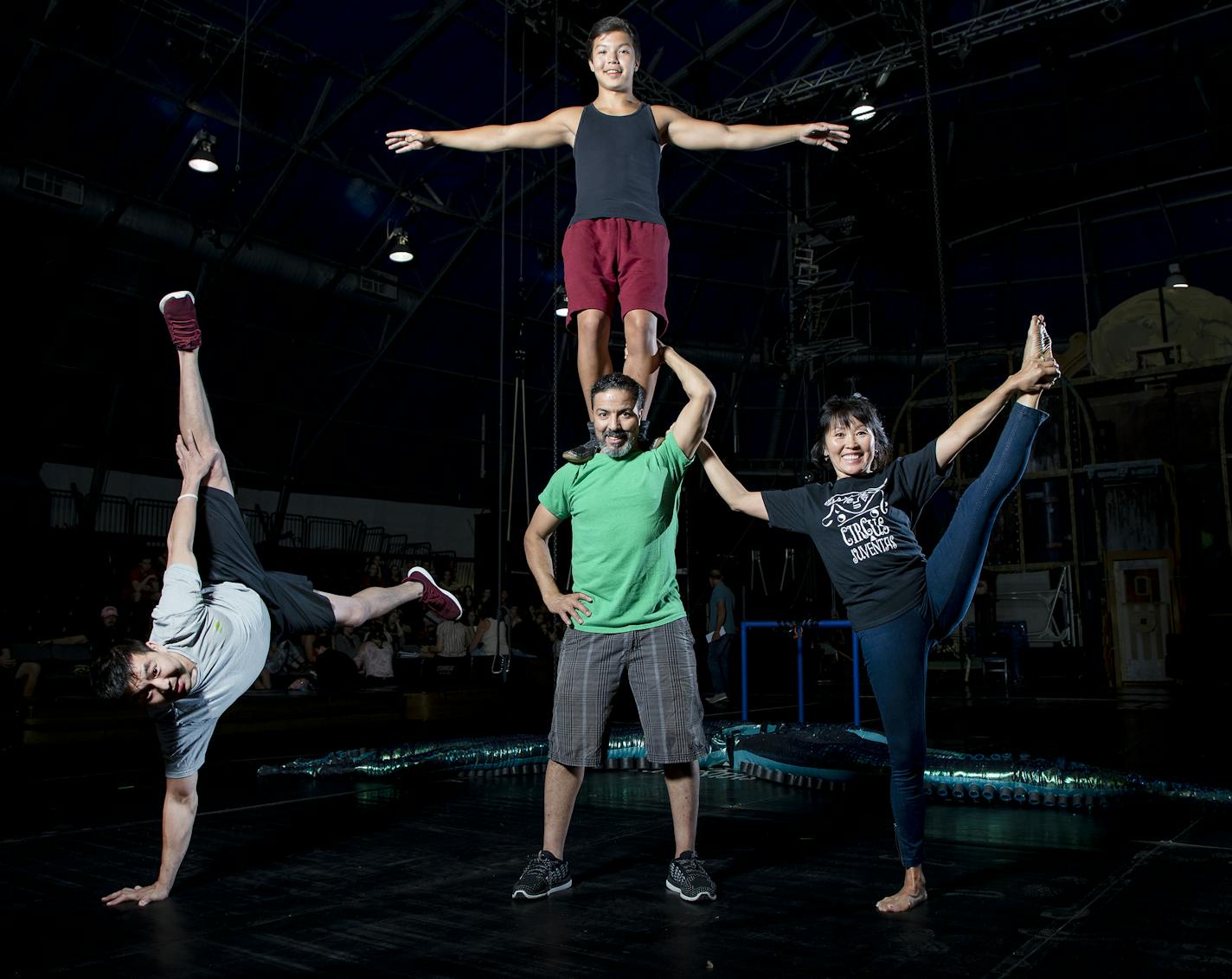 It's a family affair at Circus Juventas for relativesTamir Bayarsaihan, Mostapha Hassouni, Anwar Hassouni (top), and Chimgee Haltarhuu. ] CARLOS GONZALEZ ï cgonzalez@startribune.com ñ July 16, 2018, St. Paul, MN, 18-year-old Anwar Hassouni, the star of Circus Juventas' upcoming summer show, Steam, prepares to launch the professional career he's been working toward his whole life, as the youngest member of a circus family.