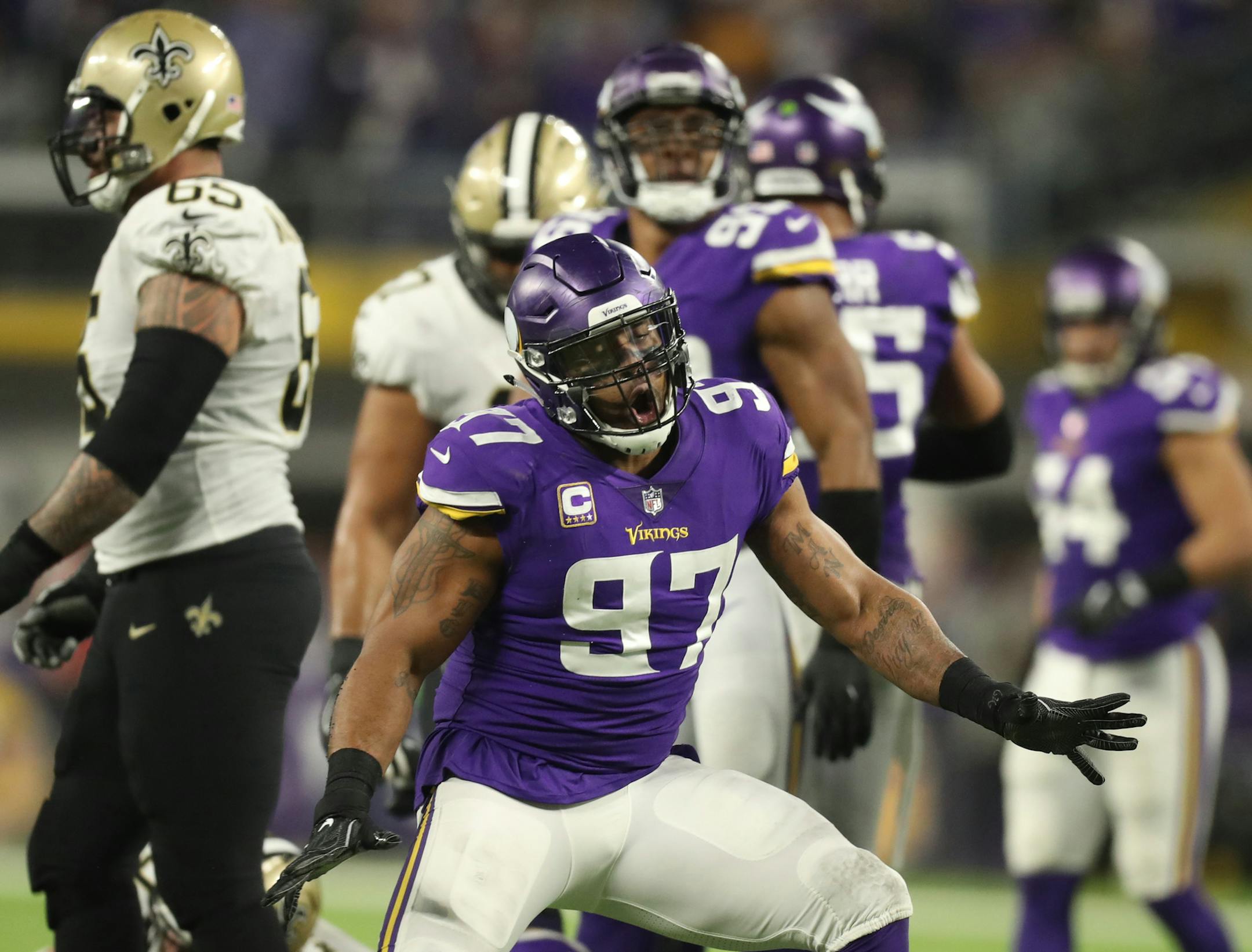 Vikings defensive end Everson Griffen celebrated his second-quarter sack of New Orleans Saints quarterback Drew Brees. ] JEFF WHEELER Ô jeff.wheeler@startribune.com The Minnesota Vikings faced the New Orleans Saints in an NFL divisional playoff game Sunday afternoon, January 14, 2018 at U.S. Bank Stadium in Minneapolis.