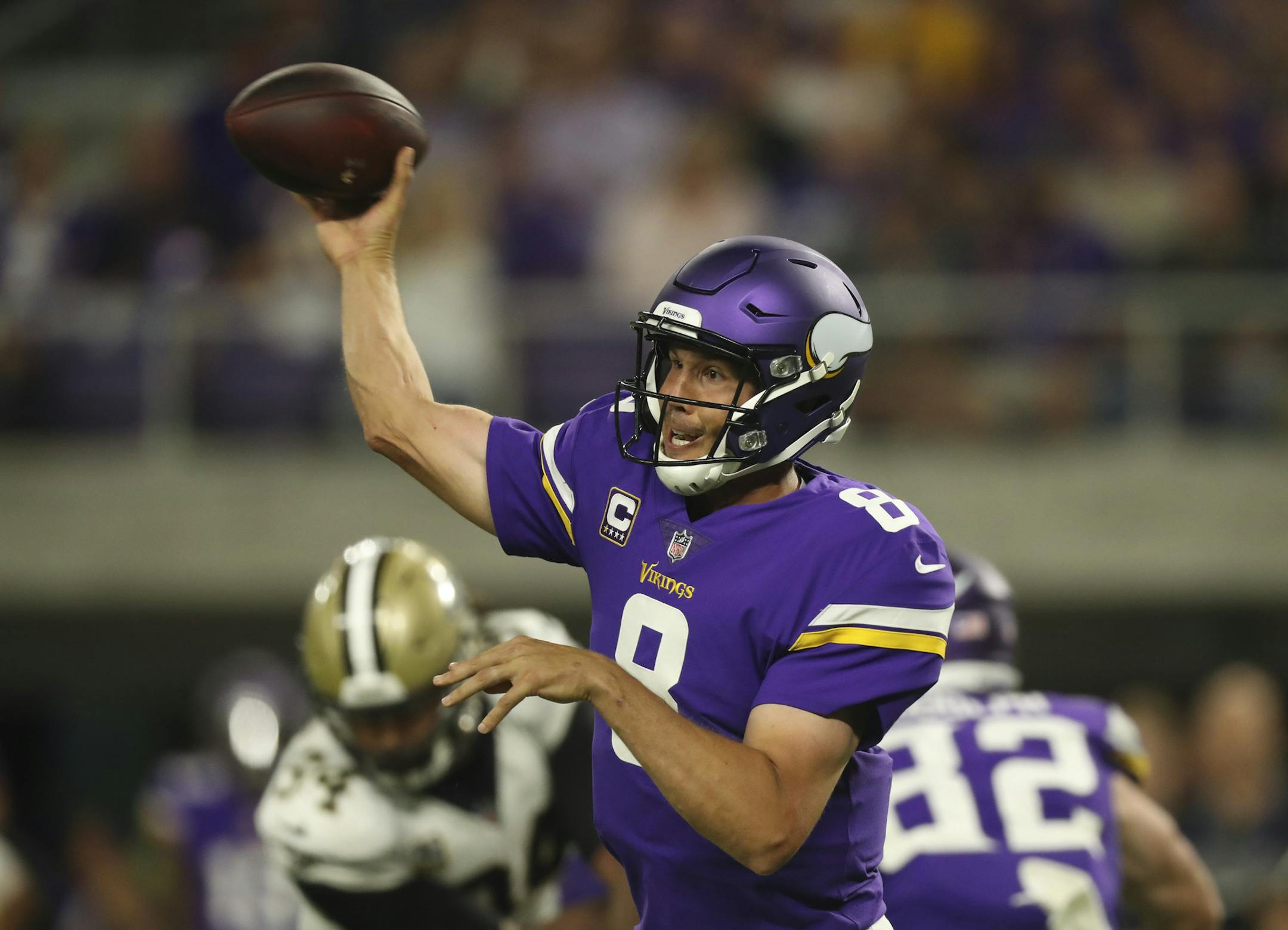 Minnesota Vikings quarterback Sam Bradford threw for a completion in the fourth quarter. ] JEFF WHEELER ï jeff.wheeler@startribune.com The Minnesota Vikings defeated the New Orleans Saints 29-19 in their season opener NFL football game on Monday night, September 11, 2011 at U.S. Bank Stadium in Minneapolis.
