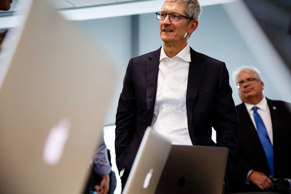 Apple CEO Tim Cook tours the Waukee Apex after announcing the companies plans for its data center on Thursday, Aug. 24, 2017, in Des Moines, Iowa. Iow