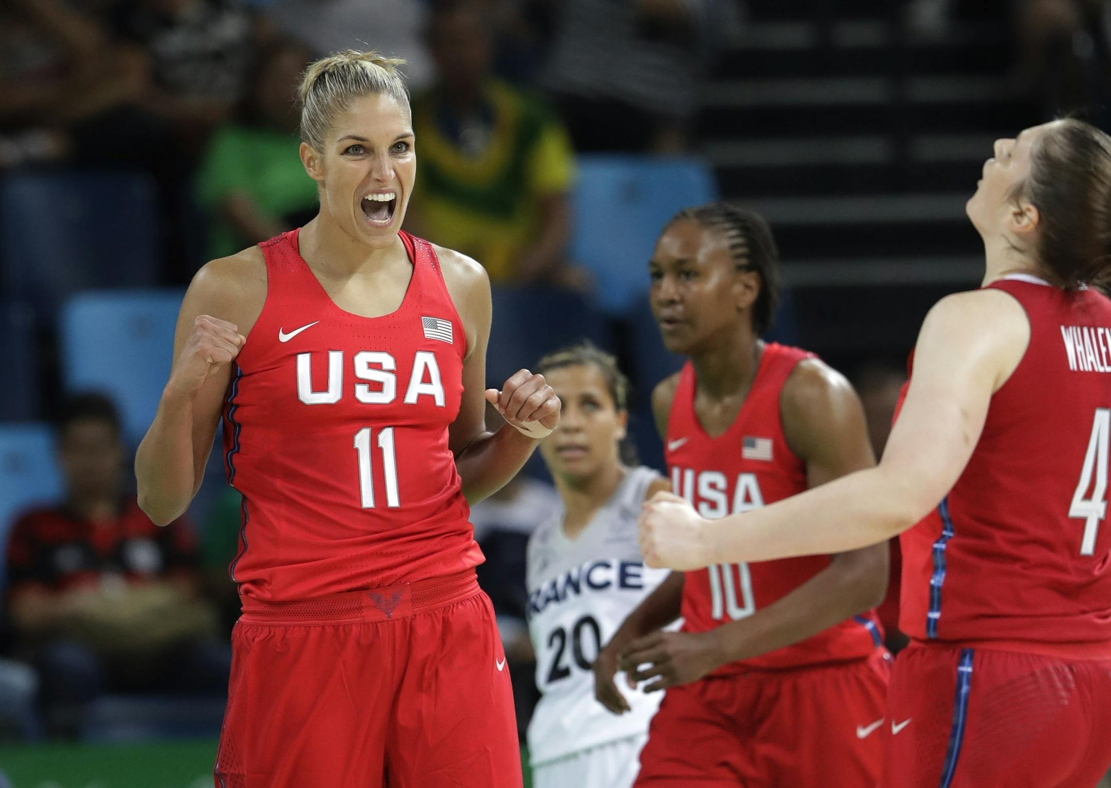 United States' Elena Delle Donne (11) celebrates a score against France during a women's semifinal round basketball game at the 2016 Summer Olympics in Rio de Janeiro, Brazil, Thursday, Aug. 18, 2016. (AP Photo/Eric Gay)