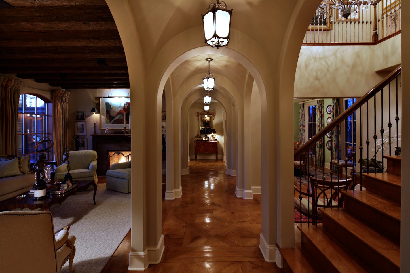 Interior designer Brian Ellingson remodeled his one-story rambler into a two-story traditional-style home. Looking down the main hallway. A reading room on the left and dining room on the right with the stairway to the second floor on the far right. ] JOEL KOYAMA•joel.koyama@startribune.com