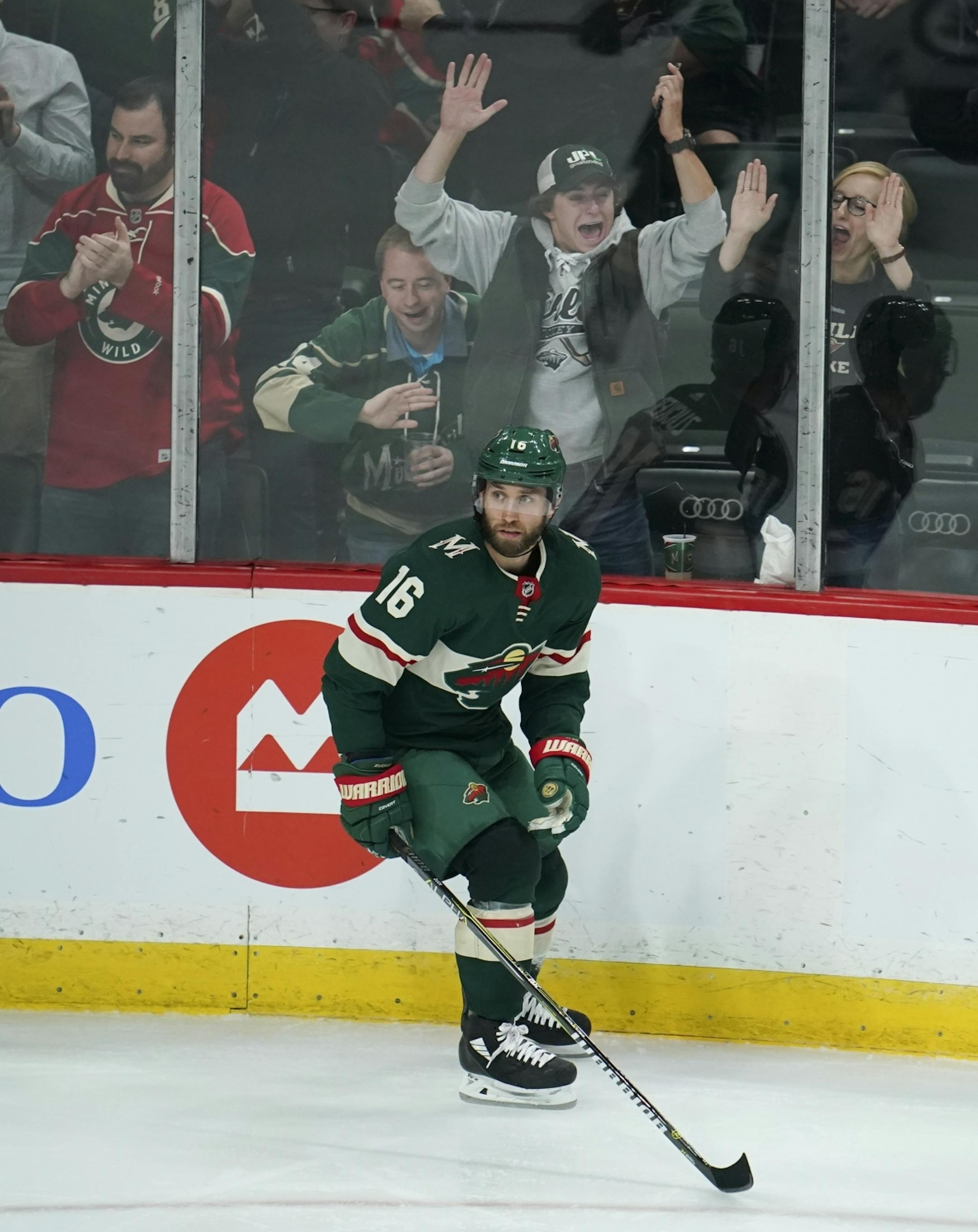 Minnesota Wild left wing Jason Zucker after he tied the game at 3-3 with his third period goal.
