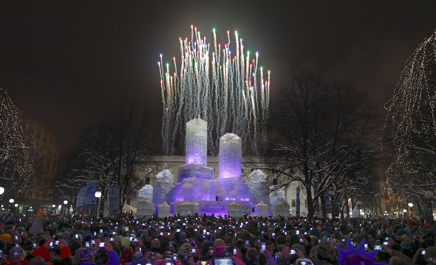 The 2018 Winter Carnival Ice Palace was officially lit Thursday evening in Rice Park in downtown St. Paul. The 70 foot tall palace is the first to grace St. Paul's celebration of winter since 2004. The palace is made up of 4,000 blocks of ice, weighing nearly 4 million pounds. ] BRIAN PETERSON &#x2022; brian.peterson@startribune.com
St. Paul, MN 01/22/18