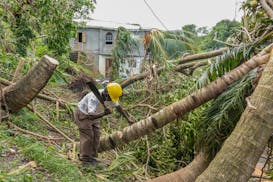 Pastor Winston Alleyne clears trees felled by Hurricane Beryl in Ottley Hall, St. Vincent and the Grenadines, Tuesday, July 2, 2024. (AP Photo/Lucanus